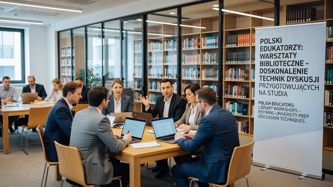 Group of Polish students and parents engaged in a structured discussion exercise during a library university preparation workshop