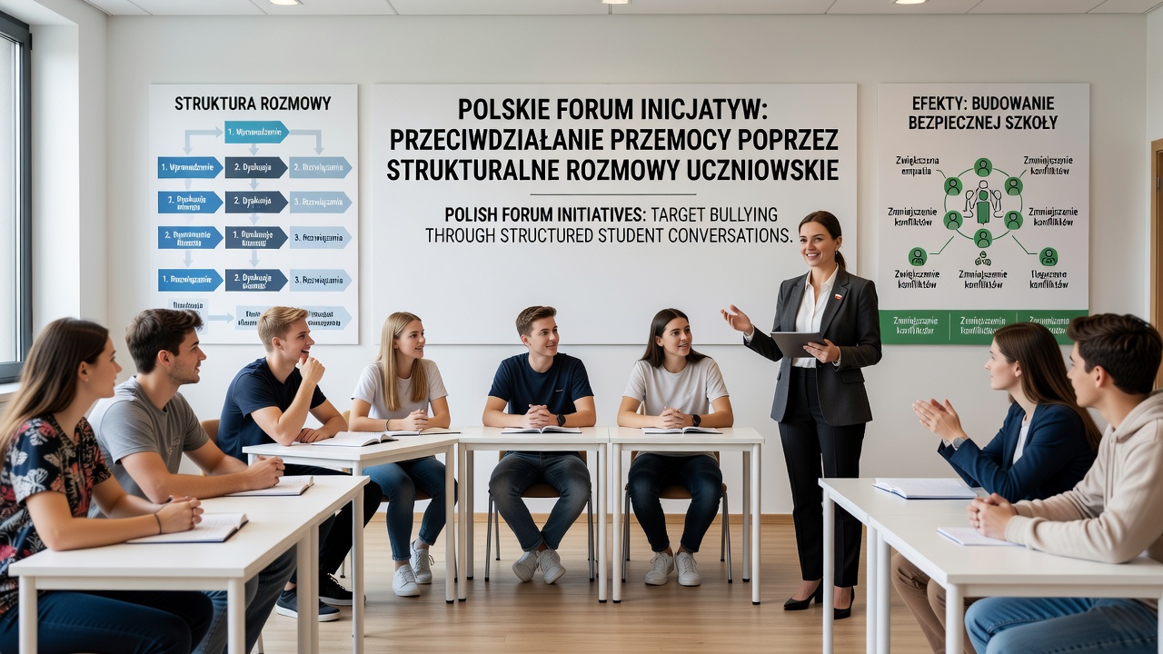 Facilitator guiding a diverse group of Polish secondary students through a structured anti-bullying conversation circle