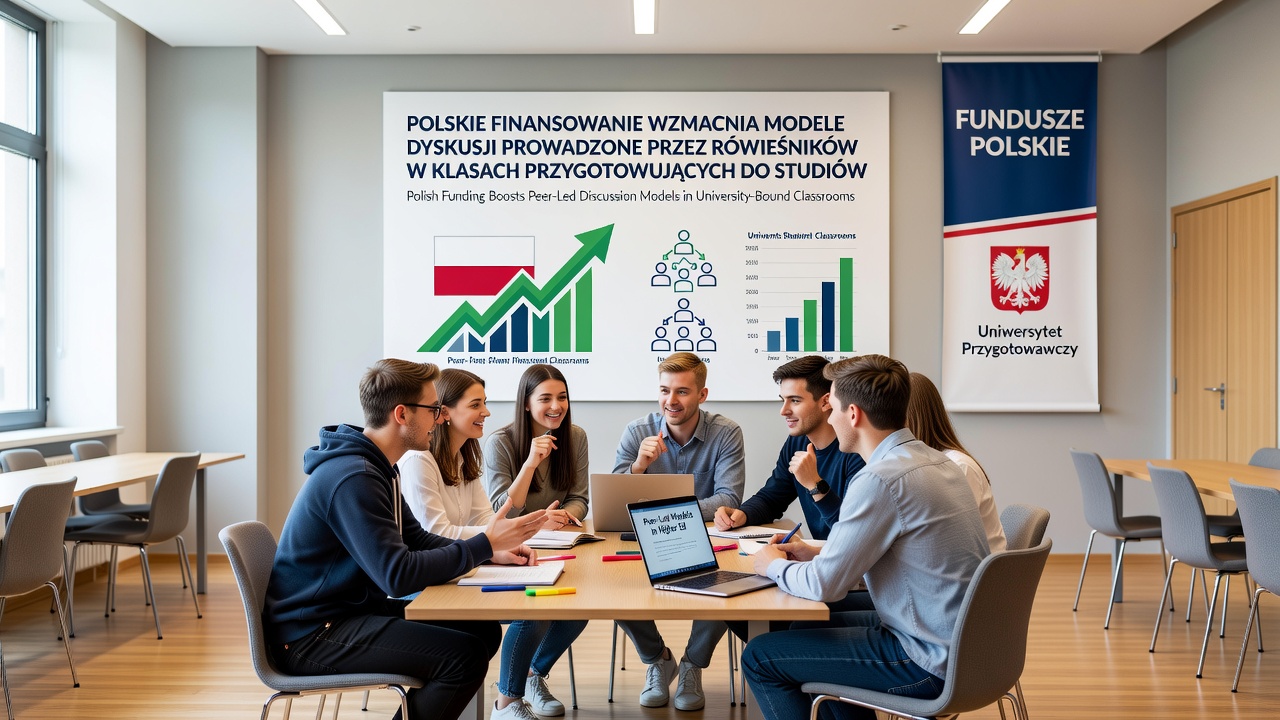 Students using collaborative tools during a peer discussion session in a Polish classroom
